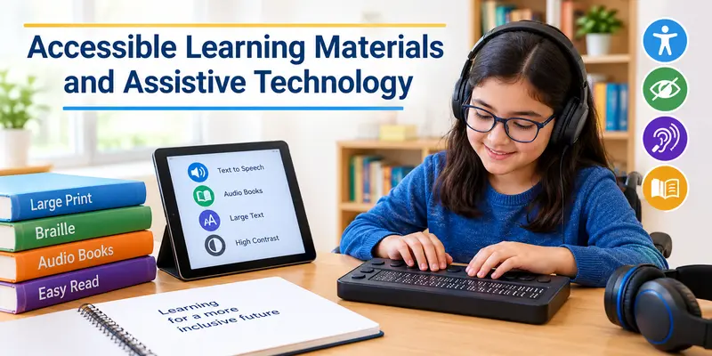 Students using accessible learning materials, digital devices, and assistive technology in an inclusive classroom.