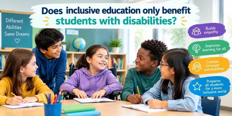 Does inclusive education only benefit students with disabilities, highlighting diverse learners working together in an inclusive classroom.