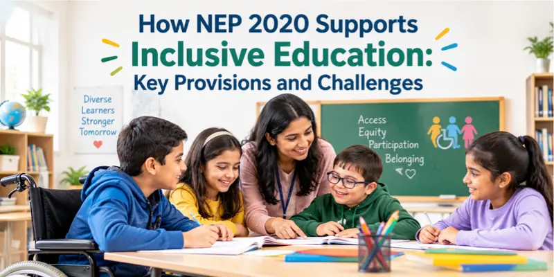 Students and teachers participating in an inclusive classroom highlighting NEP 2020 provisions and challenges.
