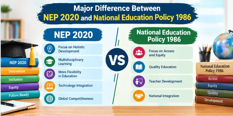 NEP 2020 vs National Education Policy 1986: Key Differences, Features & Impact Major difference between NEP 2020 and National Education Policy 1986 showing key education policy features